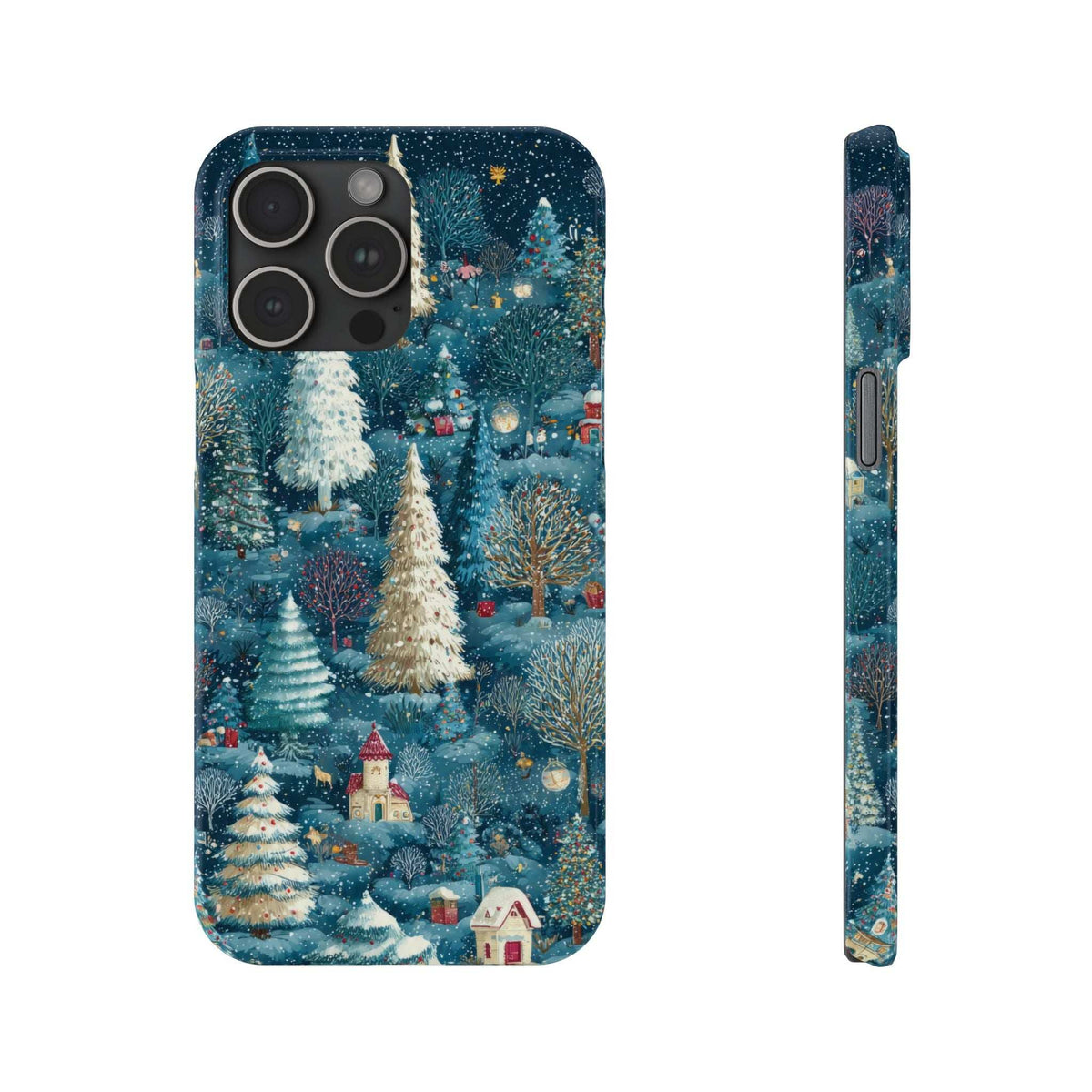 Frosty forest phone case with teal snowy forest artwork and starry speckles; front and side