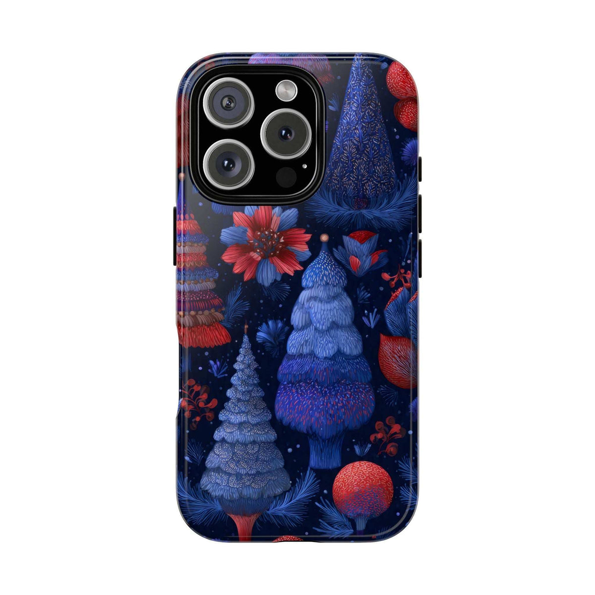 Glossy midnight blue Christmas forest phone case with pine trees, poinsettia flowers and red ornaments.