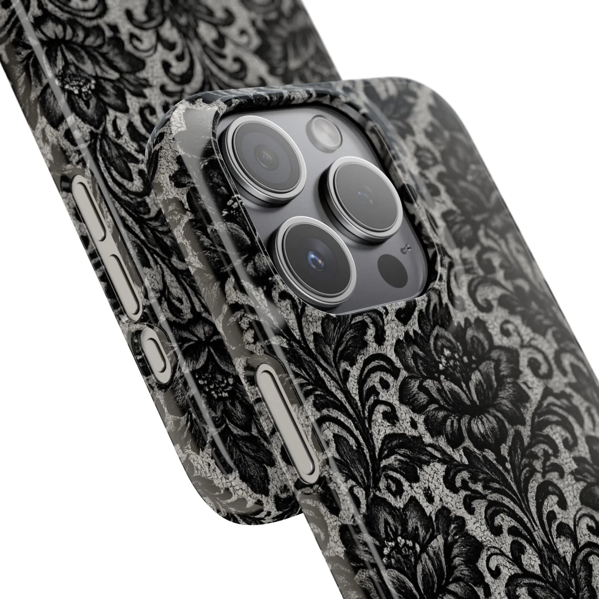 Black Damask Floral Phone Case for iPhone 11-17 and Galaxy S20-S25 - KARARMDESIGN