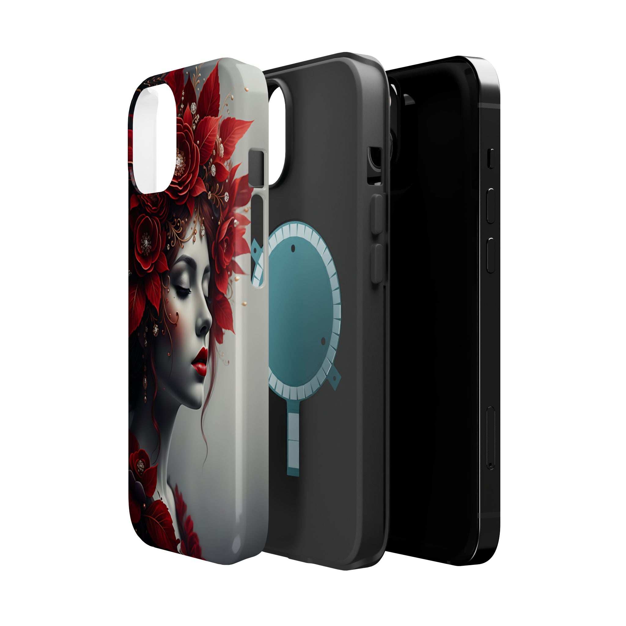 Phone case with portrait artwork: red flowers and woman's face, camera cutouts
