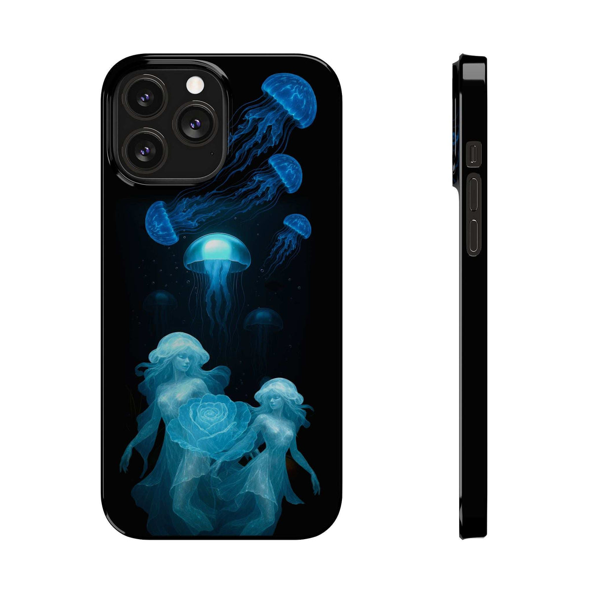 Phone case with blue jellyfish illustration, shown with back and side profile