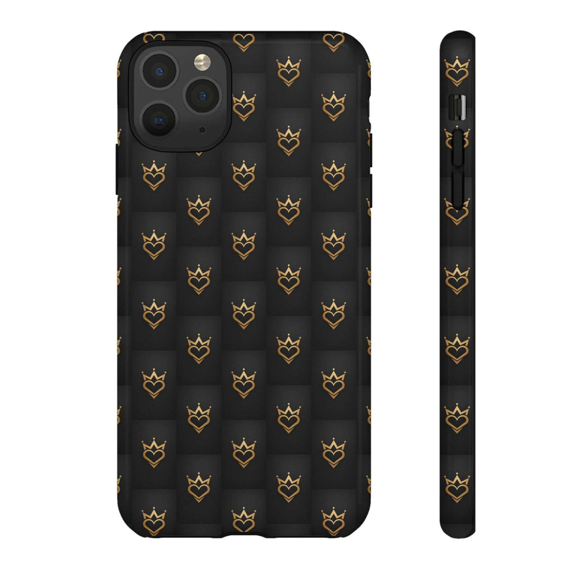 Black phone case with gold crown and heart doodle design, back view and side strip