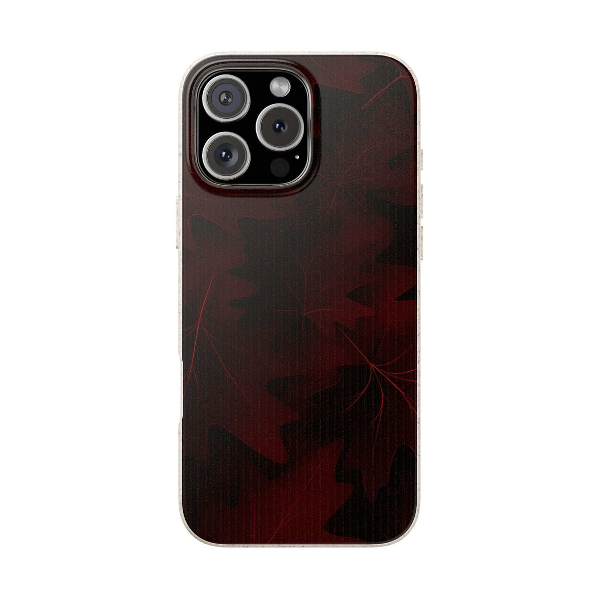 Dark maroon leaf design phone case with triple camera cutout and slim side profile
