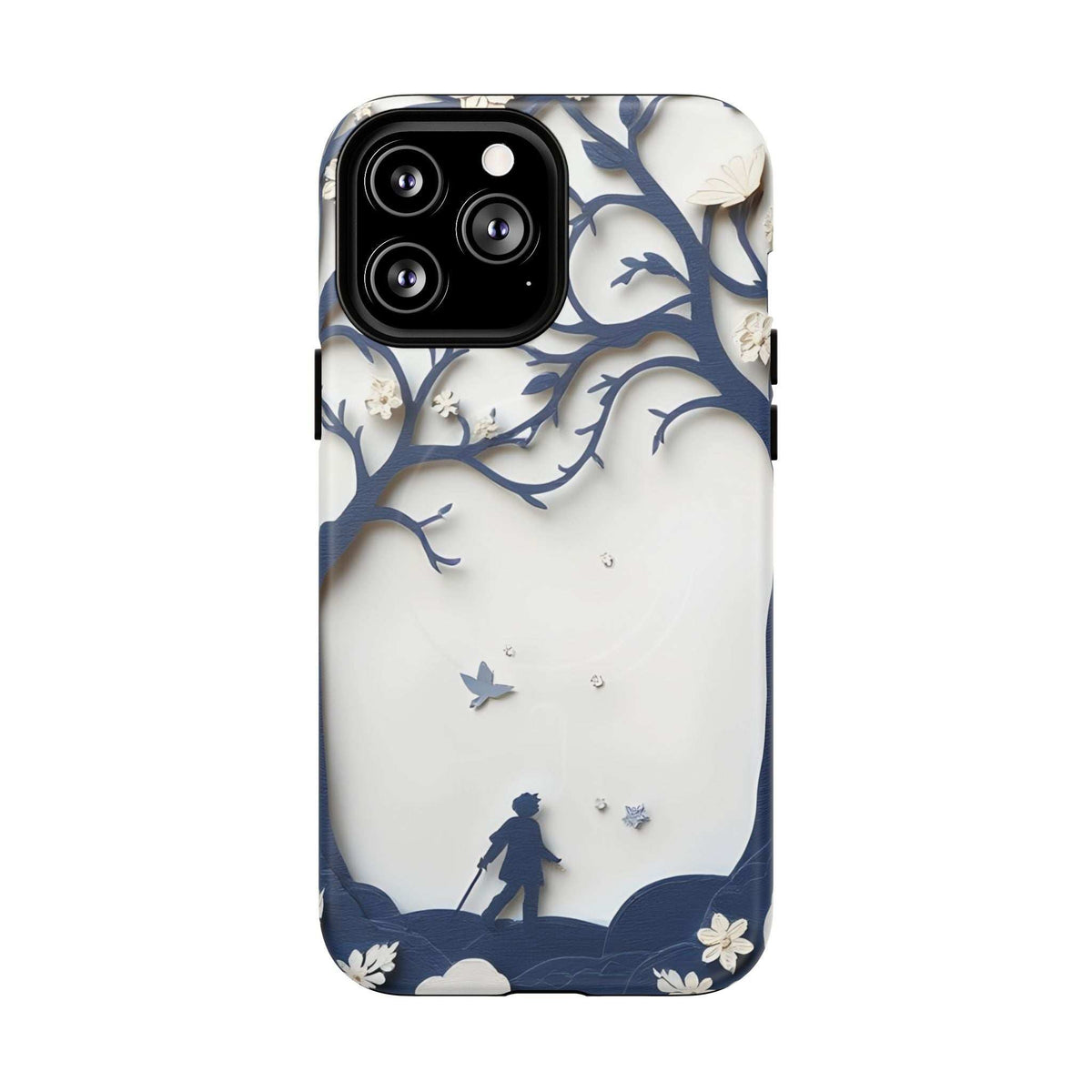Phone case back with blue nature silhouette print, tree branches, stars, and landscape figure