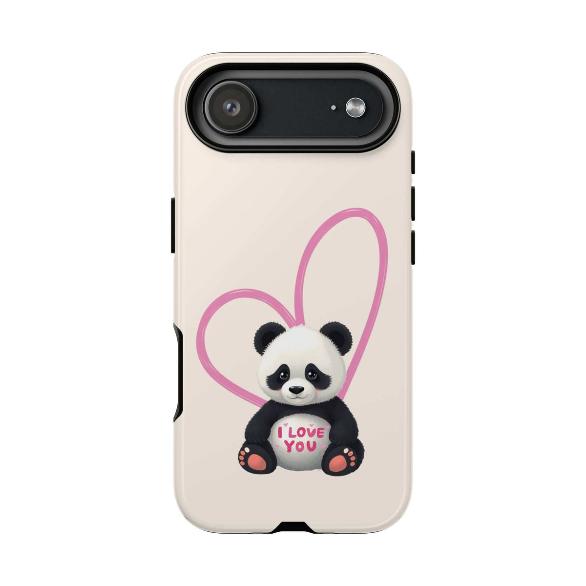 Cream iPhone phone case with panda in pink heart, “I love you” graphic, horizontal camera cutout