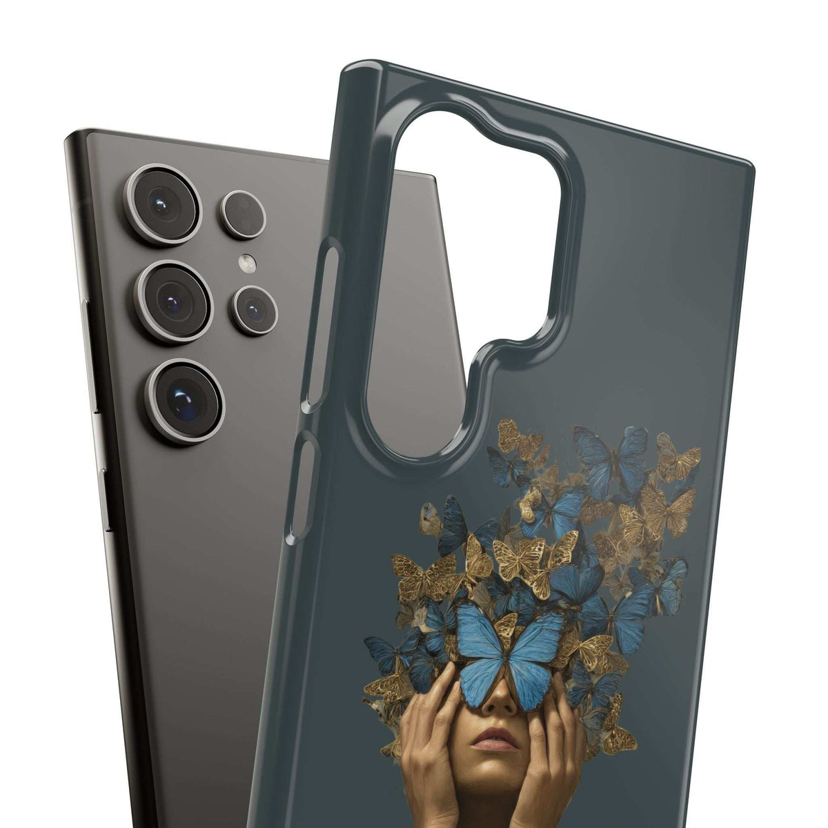 Dark gray phone case with raised camera cutout, open side ports, and butterfly graphic