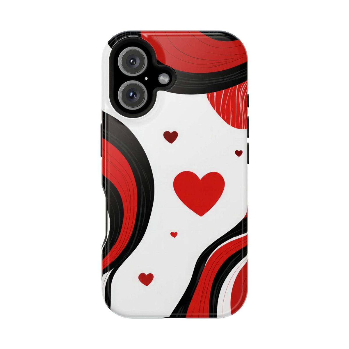 Glossy phone case with red hearts and bold black/red swirls, white base, dual camera cutout