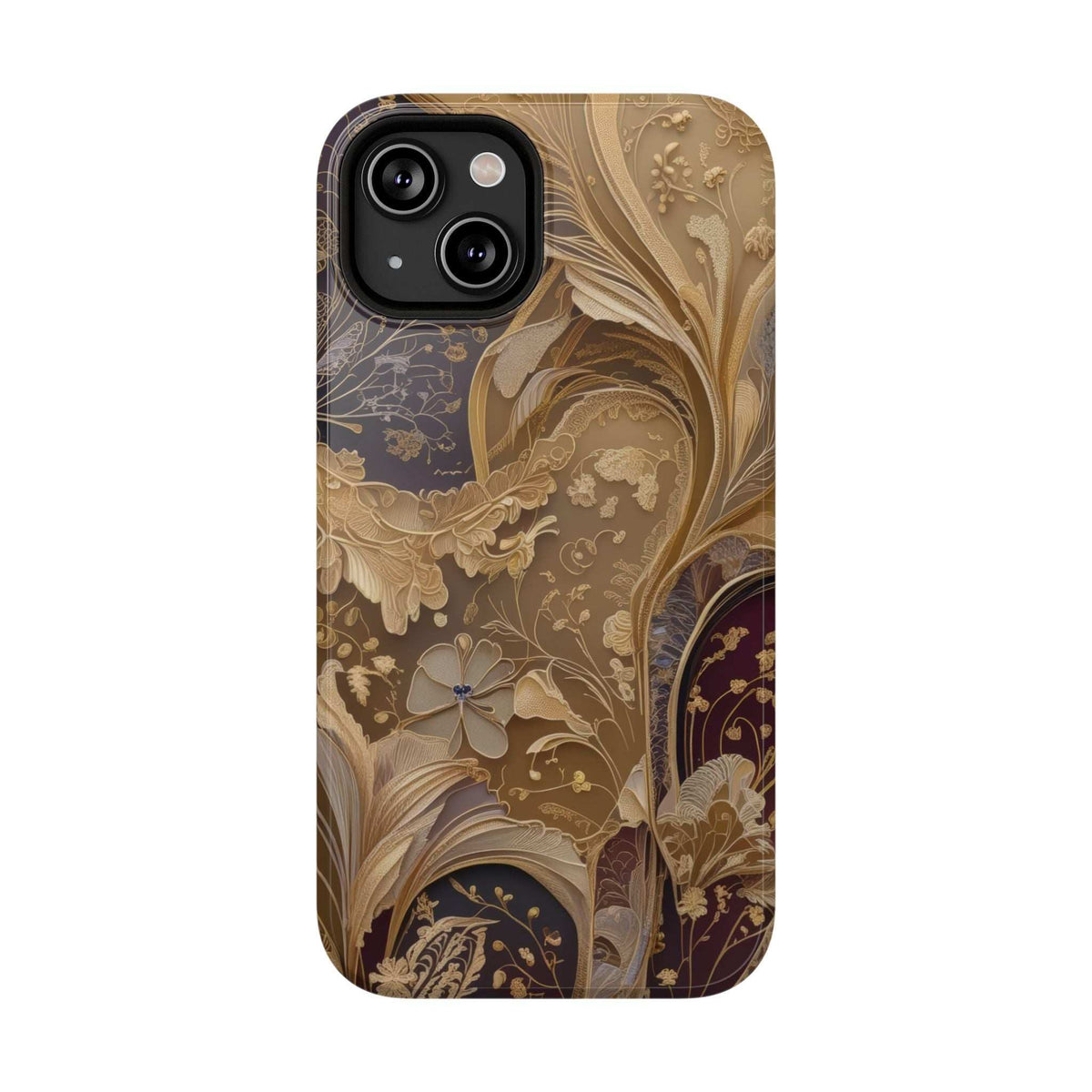 Gold and dark botanical floral phone case, dual camera cutouts and patterned back