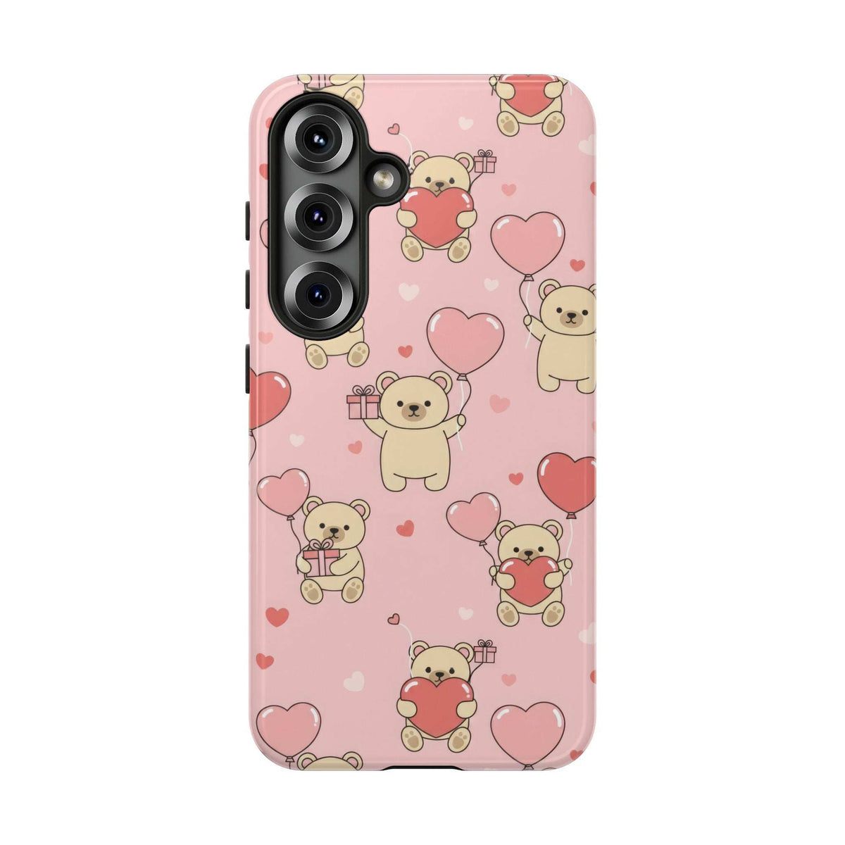Pink teddy bear and heart phone case with side buttons and camera cutouts
