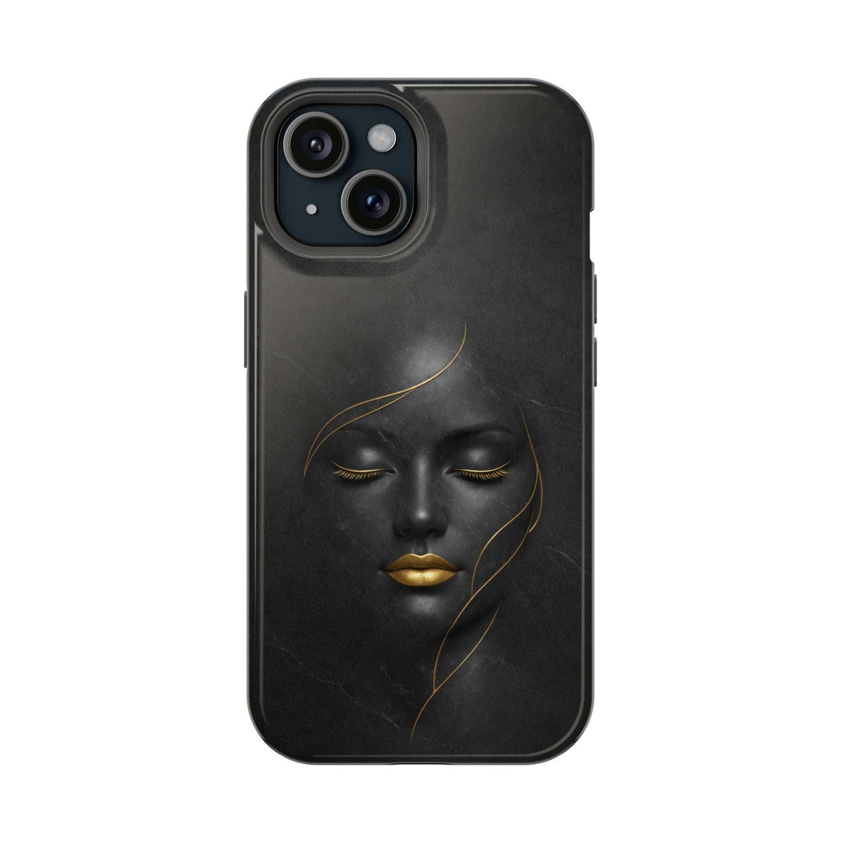 Black iPhone phone case front with gold face illustration and camera cutouts