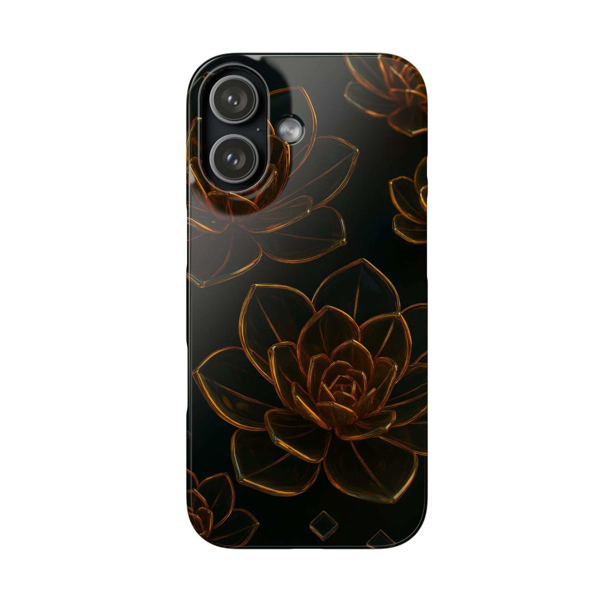 Glossy glass phone case, black with bronze lotus and leaf line art; camera bump visible.