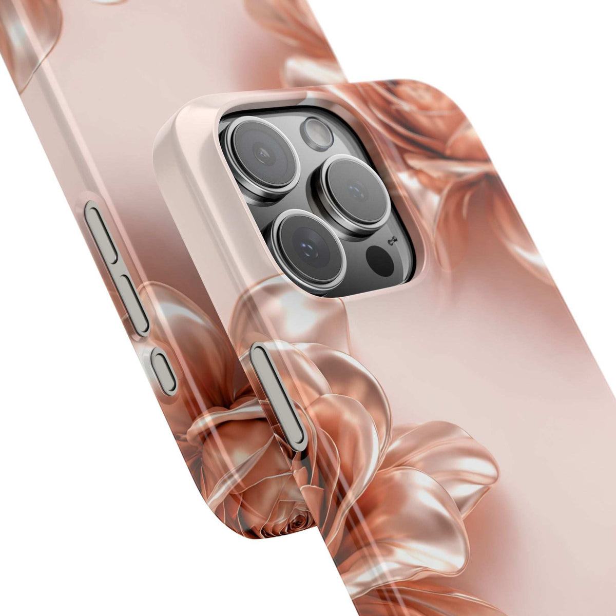 Blush metallic flower phone case close-up with raised camera protection and cutouts