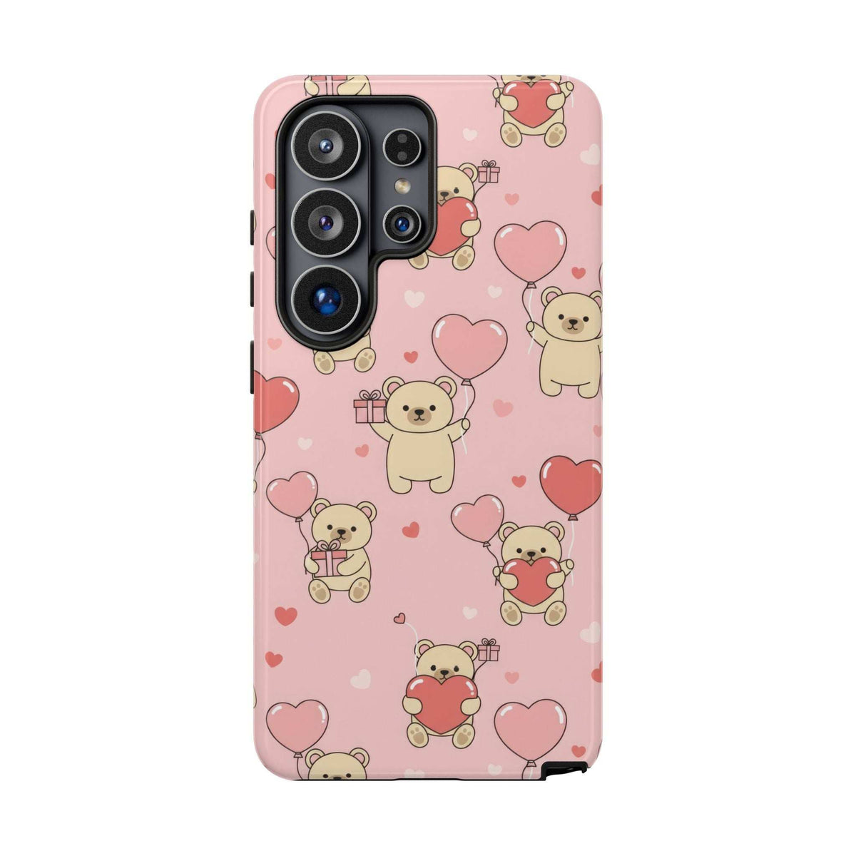 Pink phone case with teddy bears and hearts pattern, rear view with triple-lens camera