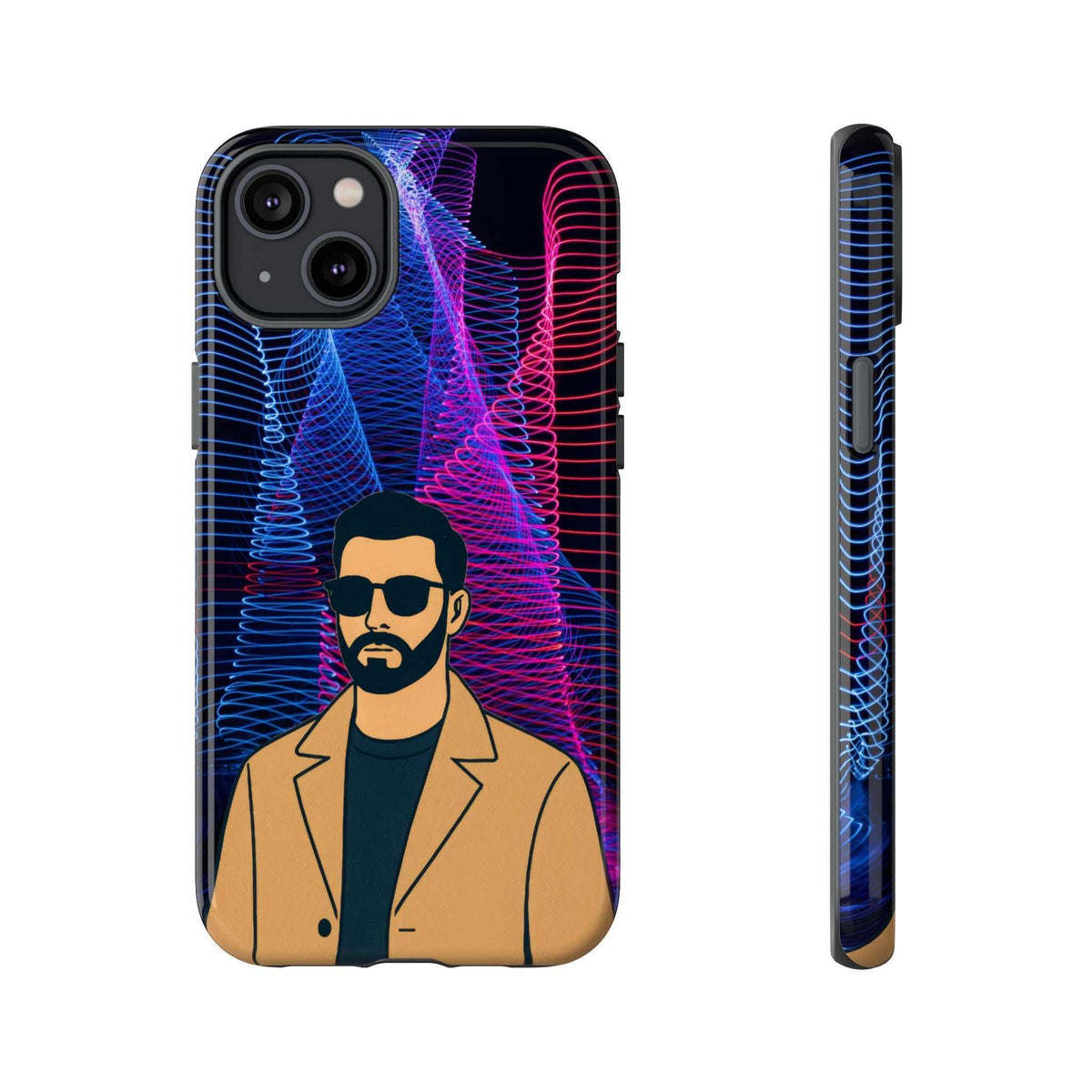Glossy phone case with bearded man graphic, neon blue/pink lines, and dual camera cutouts.