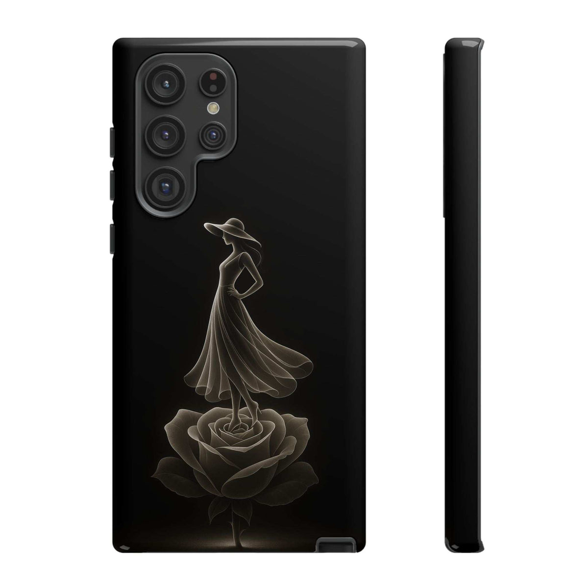 Black glossy phone case with gold ballerina and rose illustration; side profile view