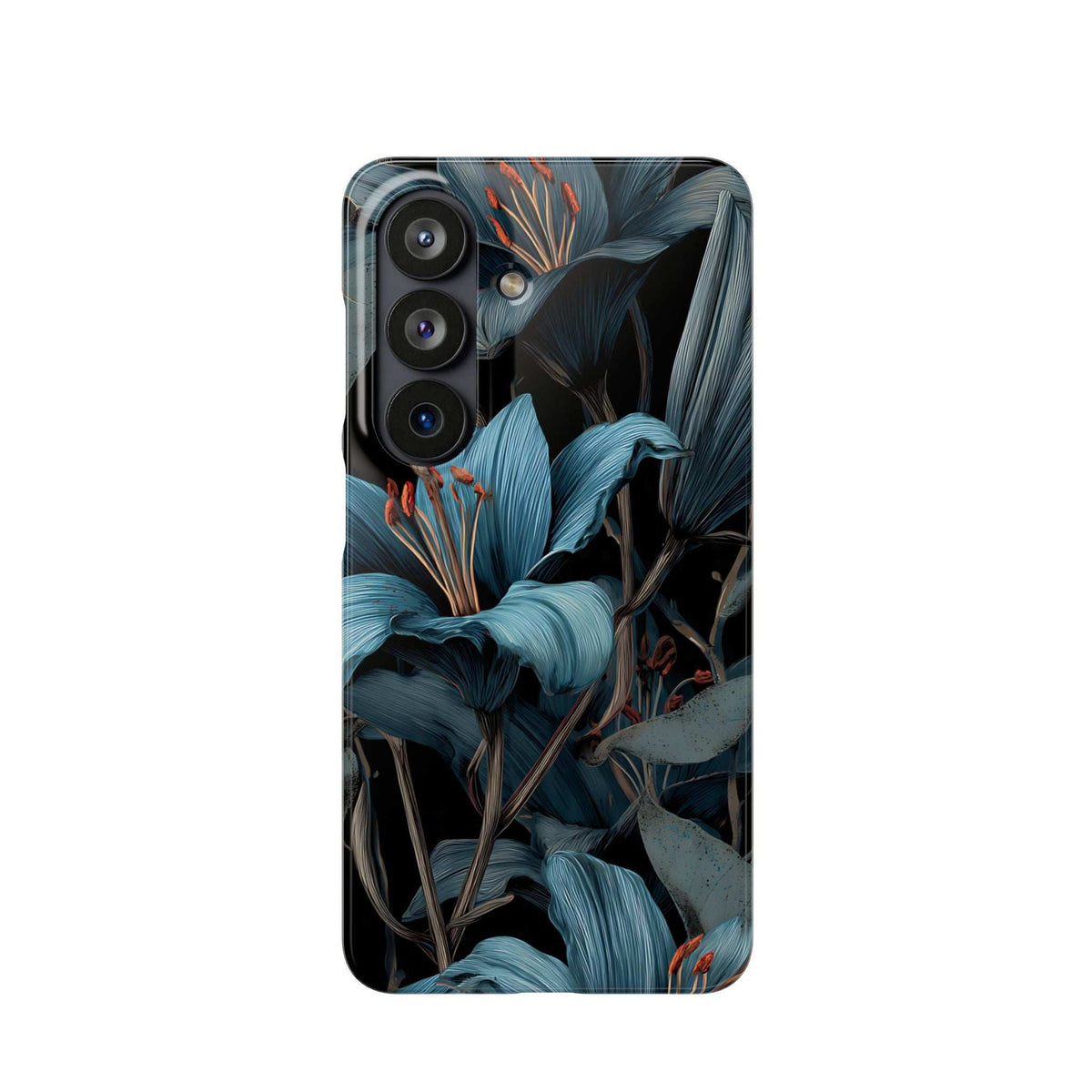 Phone case showing blue flower cluster artwork and triple camera layout