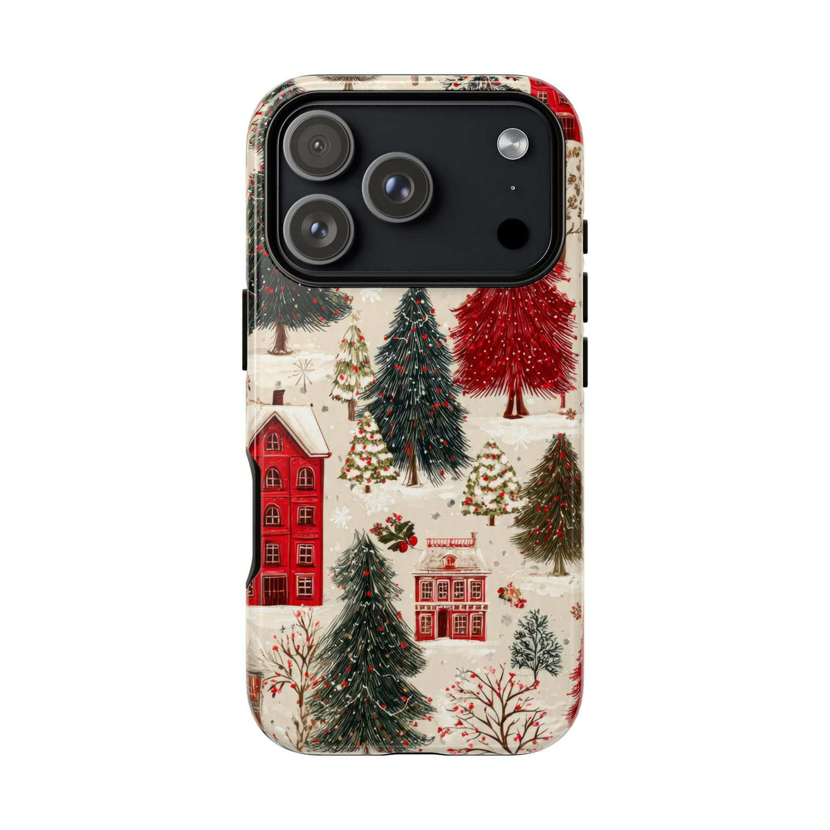 Phone case rear view with winter village print, red houses and evergreen trees; camera cutouts