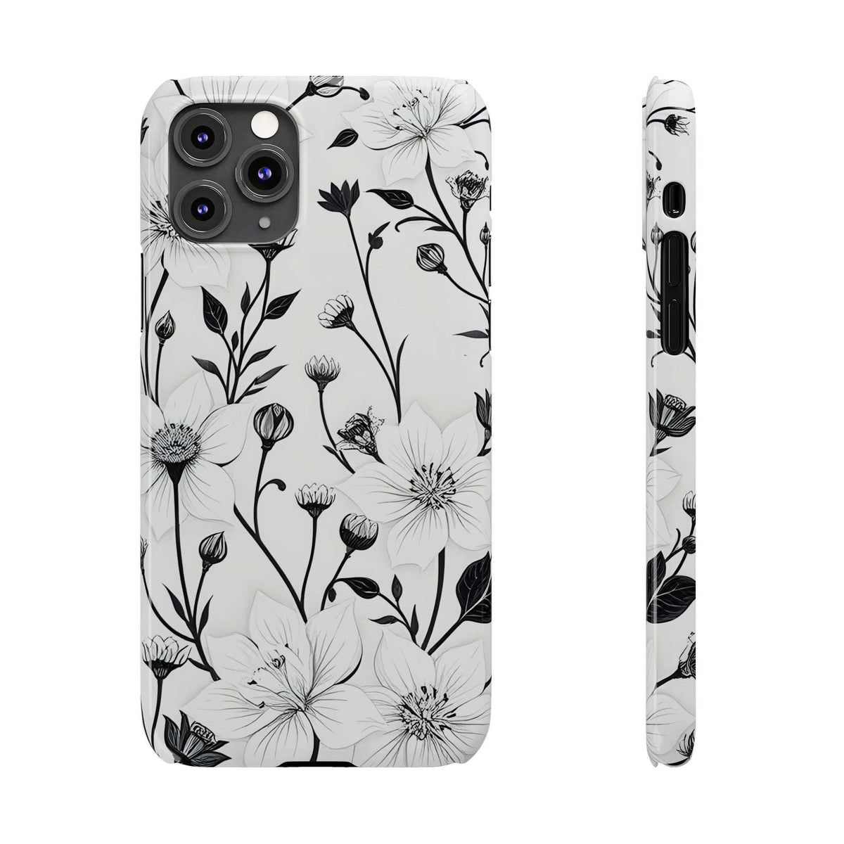 Phone case back with monochrome white flower print and side cutout openings