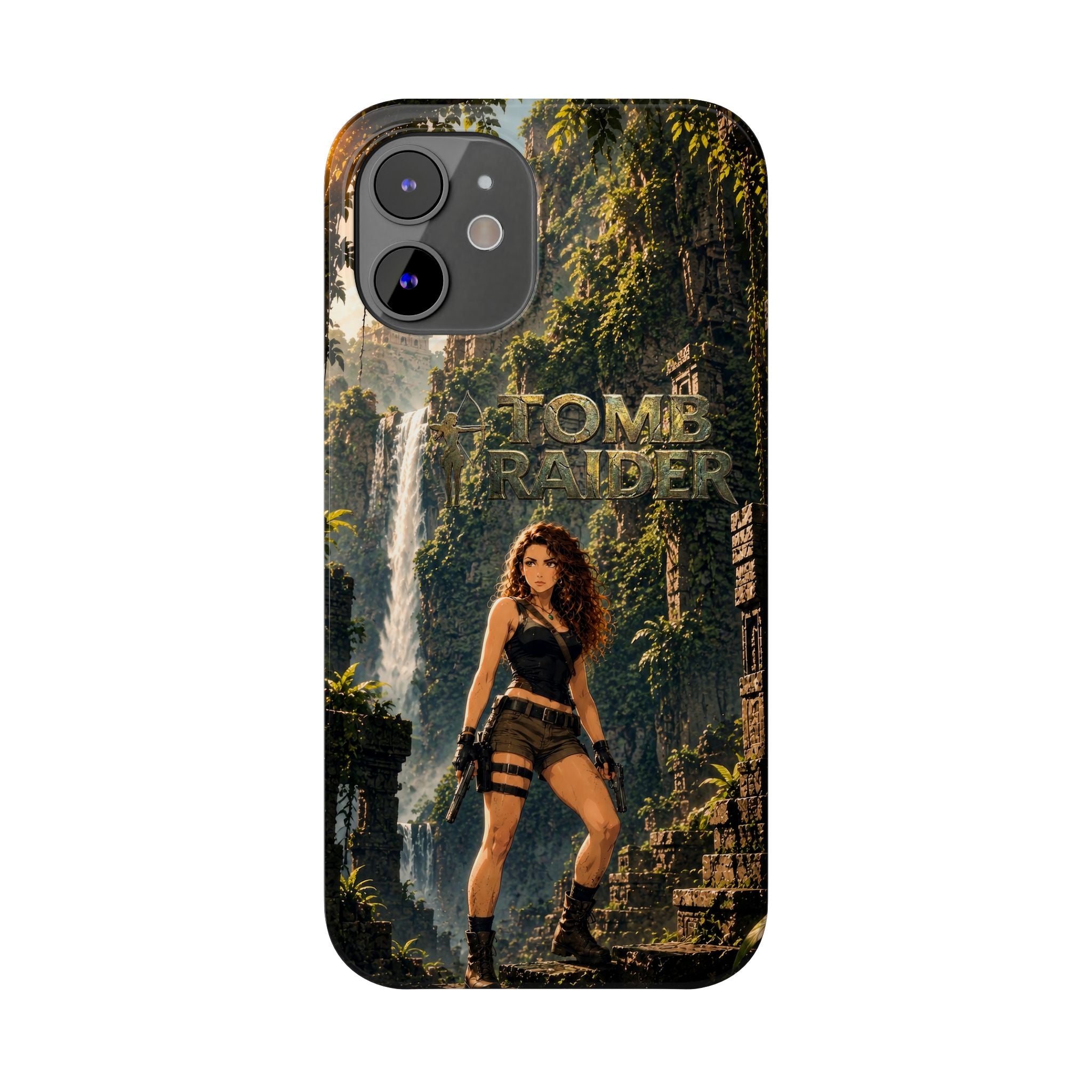 Slim phone case with Tomb Raider jungle artwork, dark border, and camera module cutouts