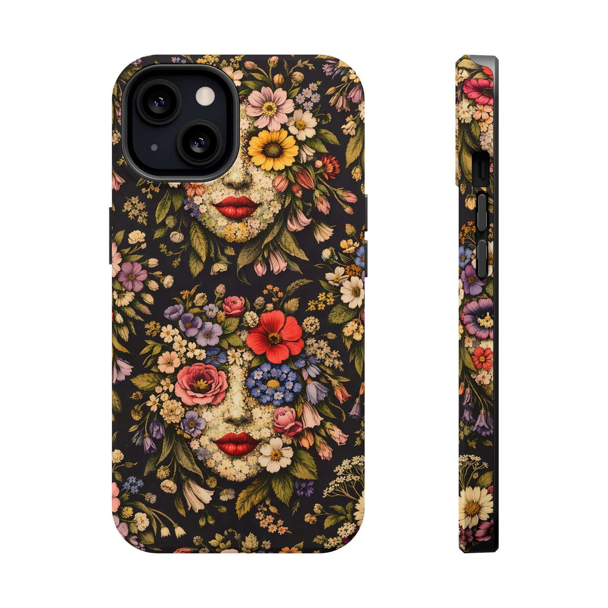 iPhone 13-17 phone case front and side view, vintage floral face pattern on dark