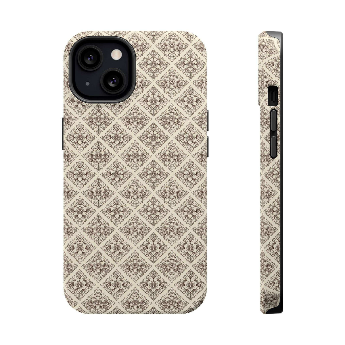 Beige ornate phone case with diamond floral pattern and raised camera cutout.