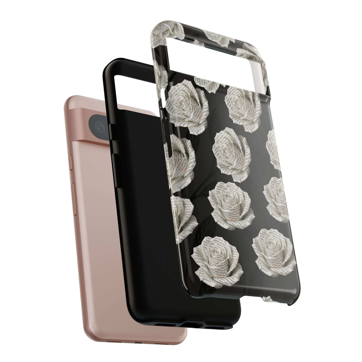 Black phone case with white rose print, covering phone sides and back camera cutouts.