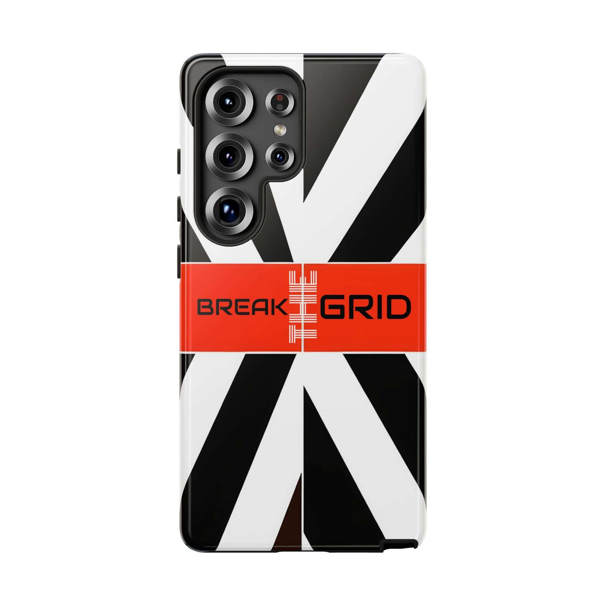 Phone case with black-and-white diagonal stripes, red Break Grid band, quad camera cutout