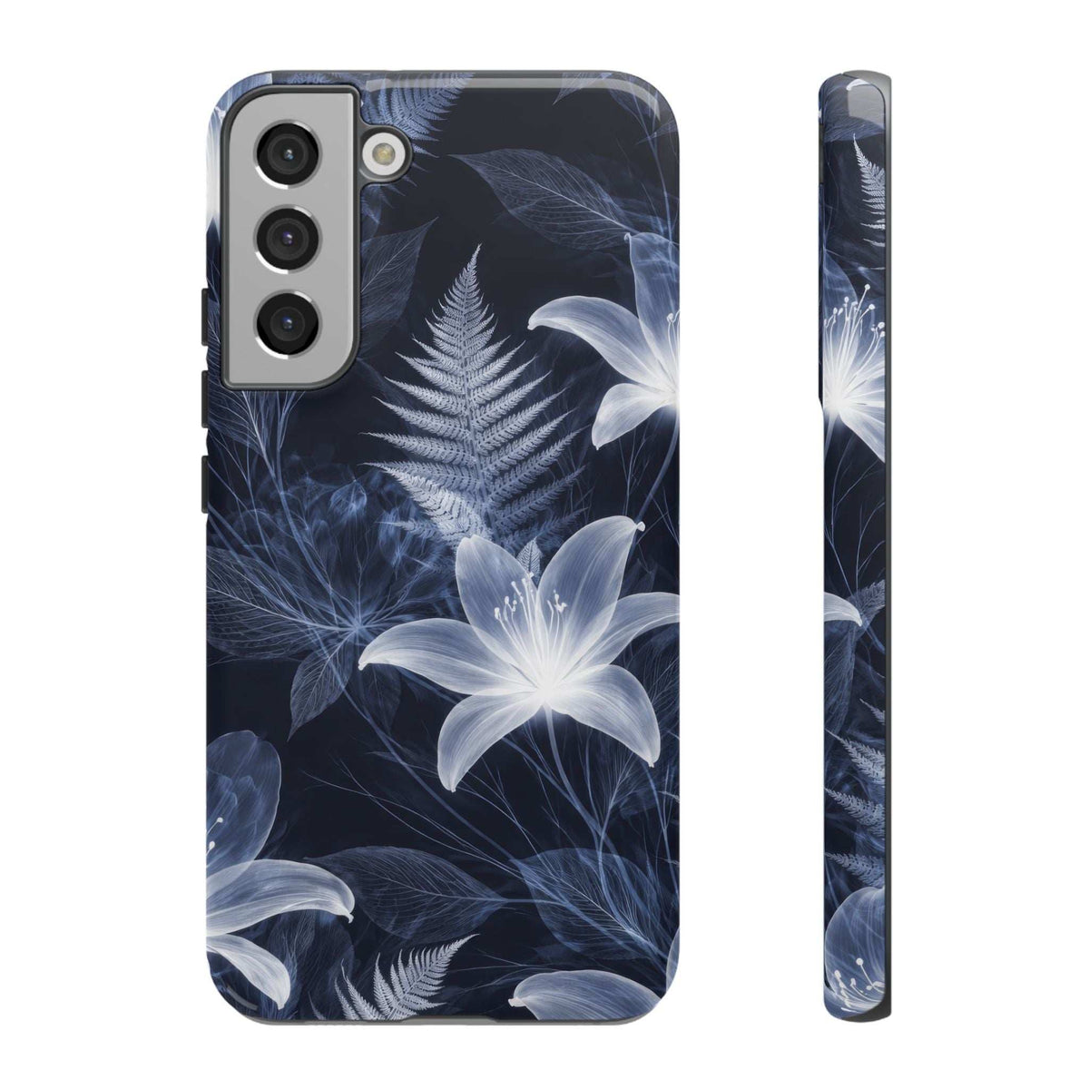 Blue floral phone case with white flower print; camera module cutouts and smooth back.