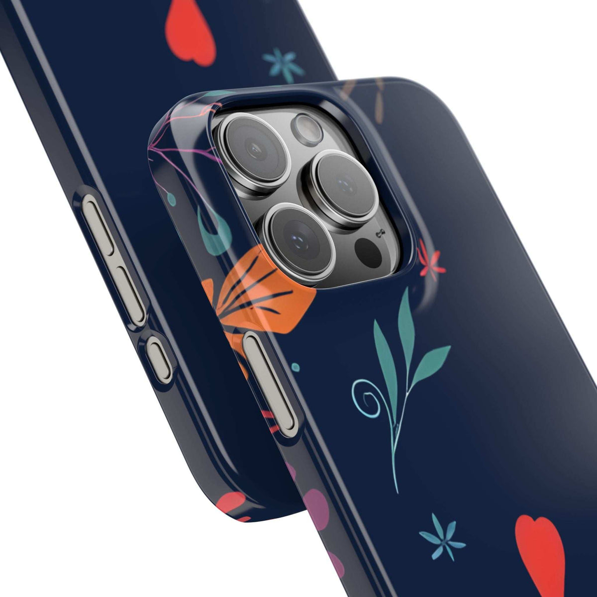 Floral iPhone case for 11–17, dark blue with hearts and blossoms, camera cutouts
