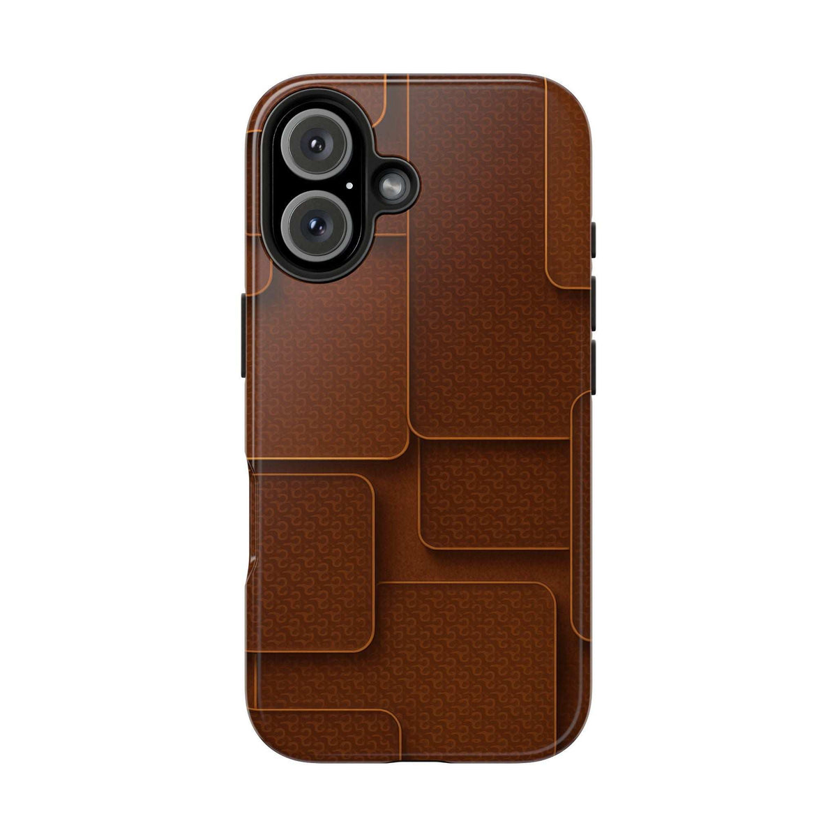 Textured brown phone case with embossed patch pattern and button openings