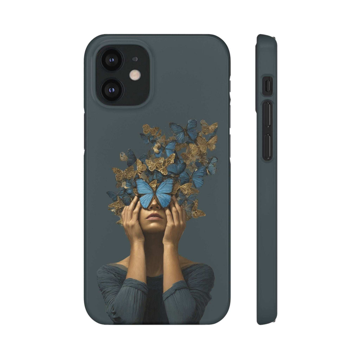 Dark gray phone case with butterfly woman artwork and camera cutout detail