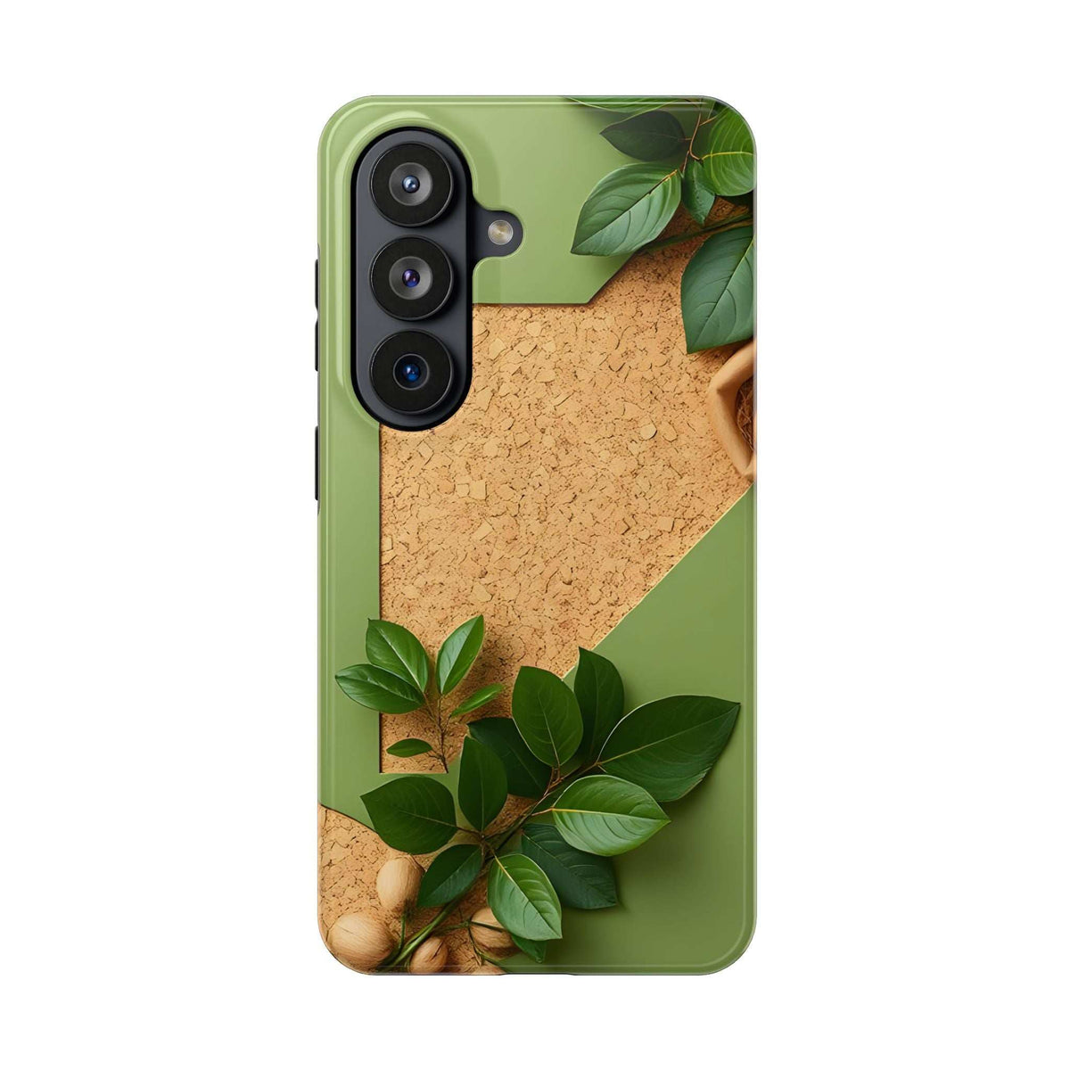 Eco phone case in green with cork-look panel and leafy accents, triple camera cutout