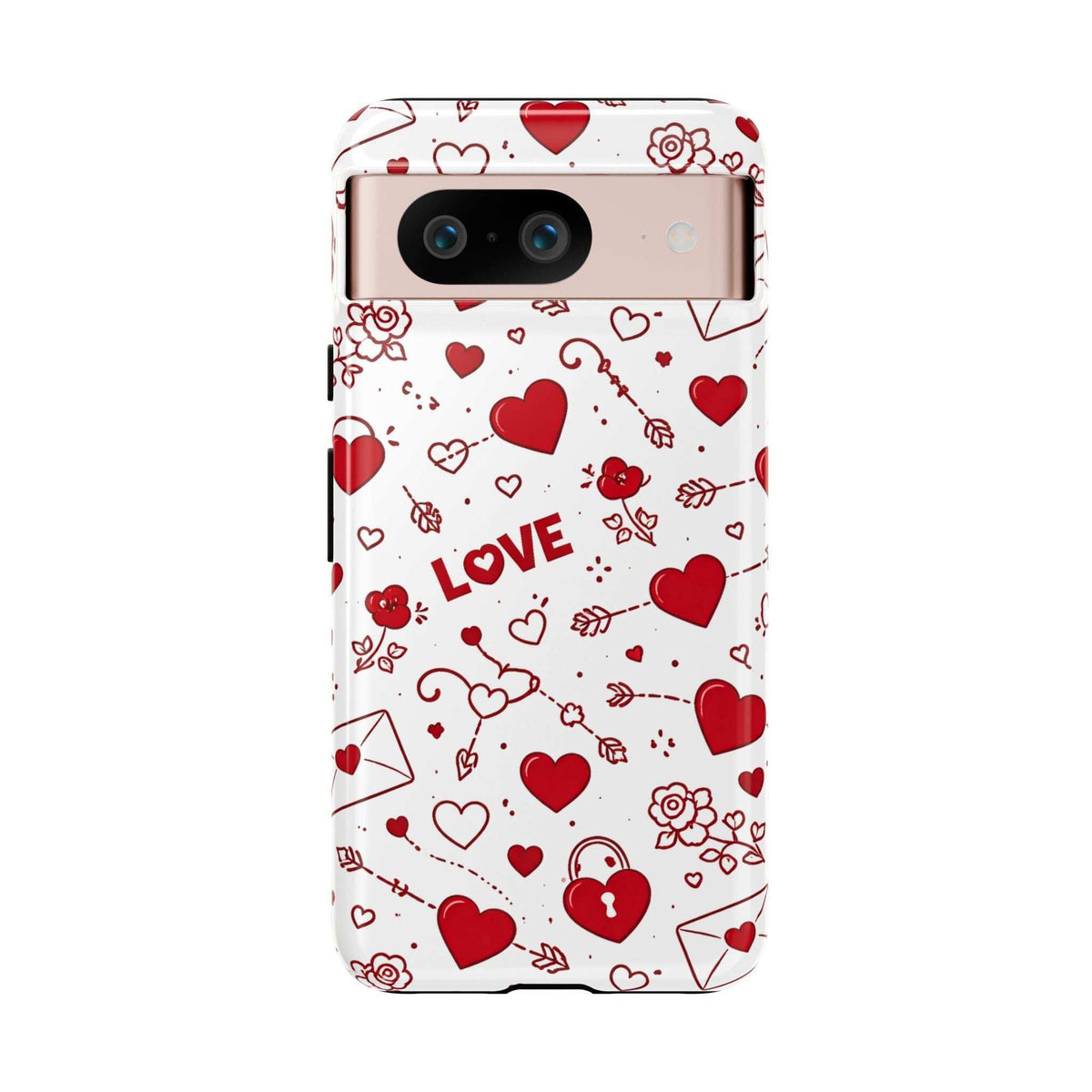White phone case with red heart doodles and LOVE word; top camera opening visible