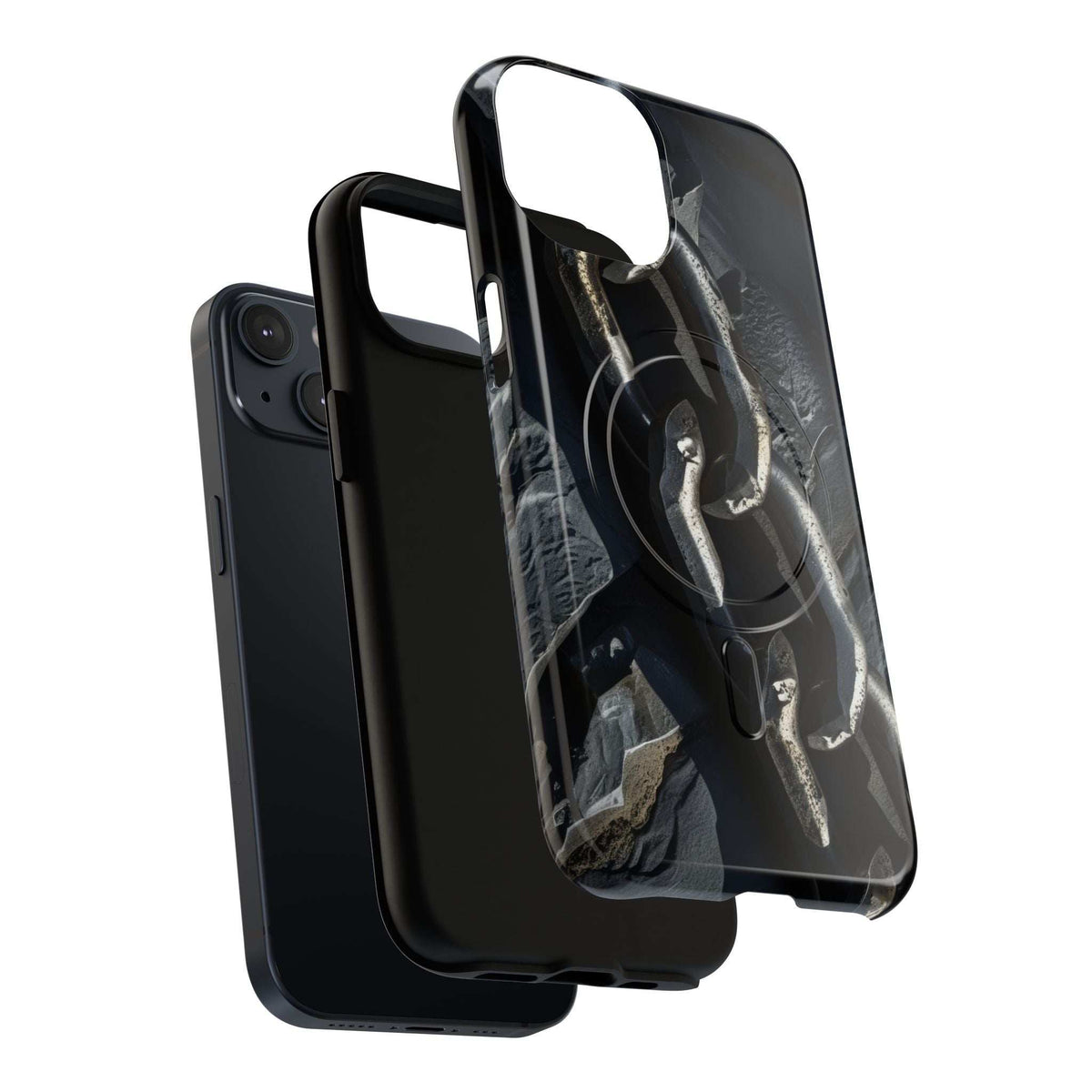 Protective iPhone phone case with dark frame and clear cover showing metallic chain graphic.
