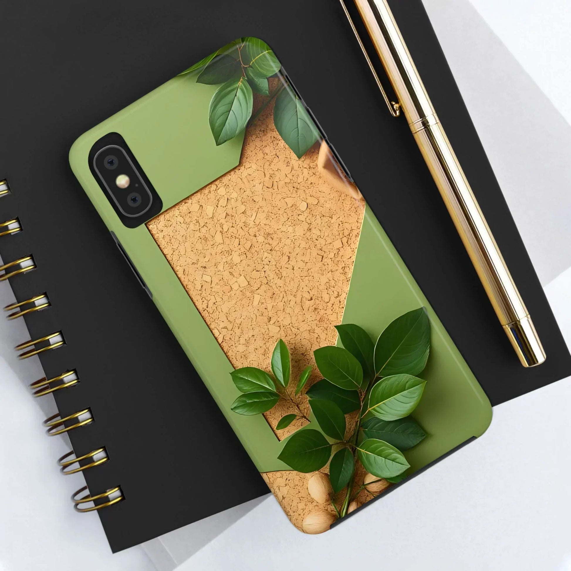 Eco-Inspired Tough Phone Case – Cork Texture with Leaf & Seed Design for iPhone 7-16 and Samsung Galaxy S21-S24 - KarArmDesign