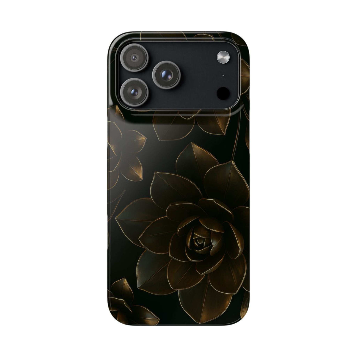 Glossy black phone case with gold metal-style rose floral design and camera cutouts