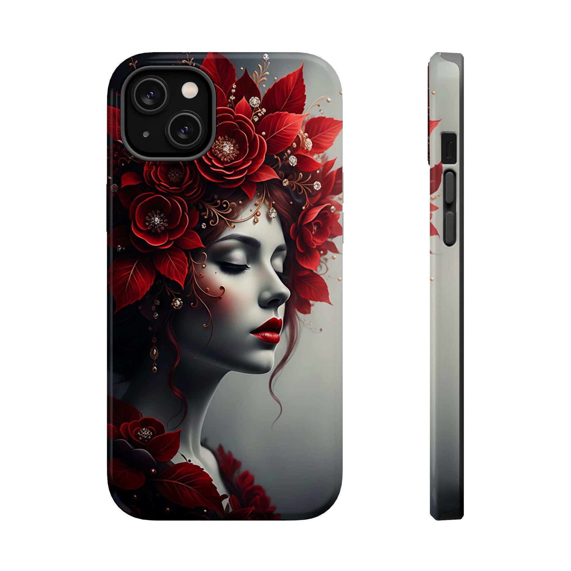 Phone case front and side profile with red rose portrait woman illustration