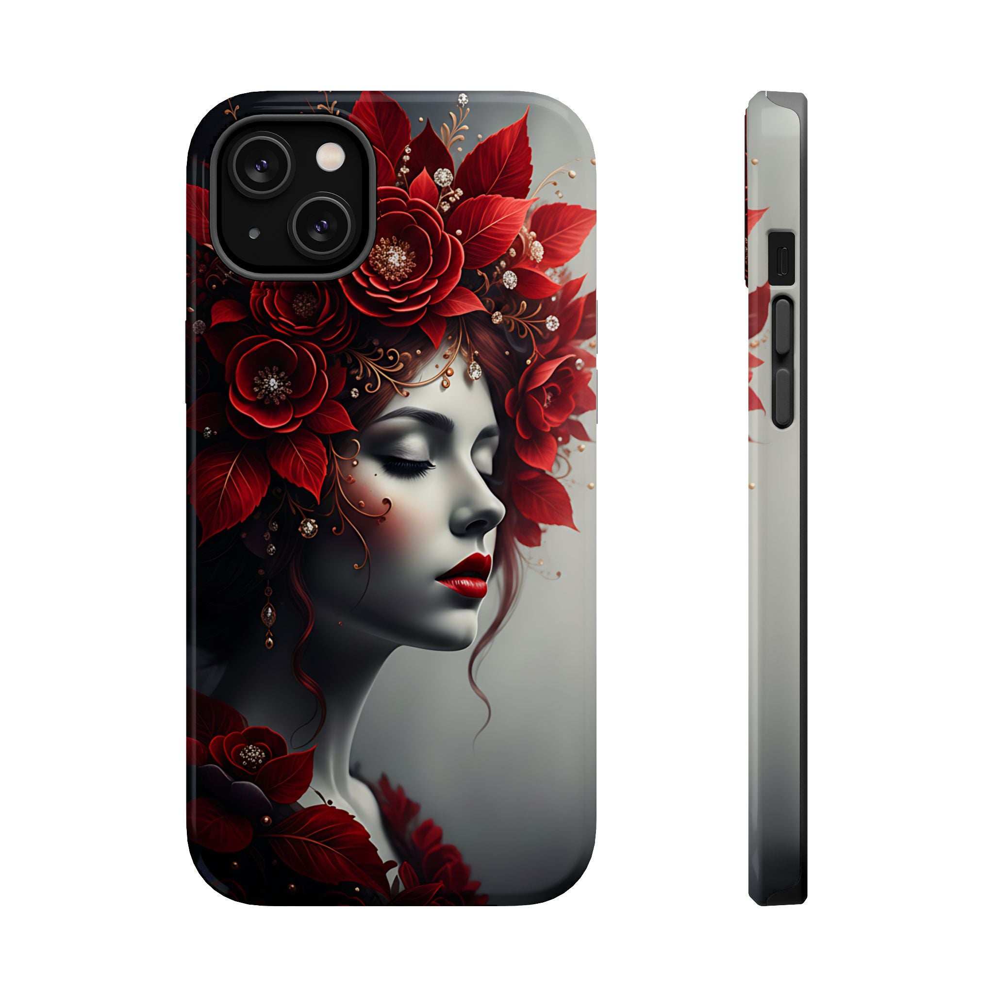 Phone case front and side profile with red rose portrait woman illustration
