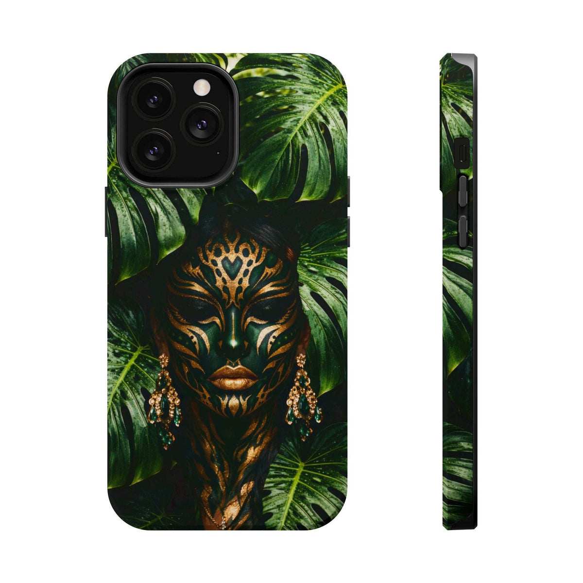 iPhone phone case featuring jungle foliage and golden mask artwork, front and side profile