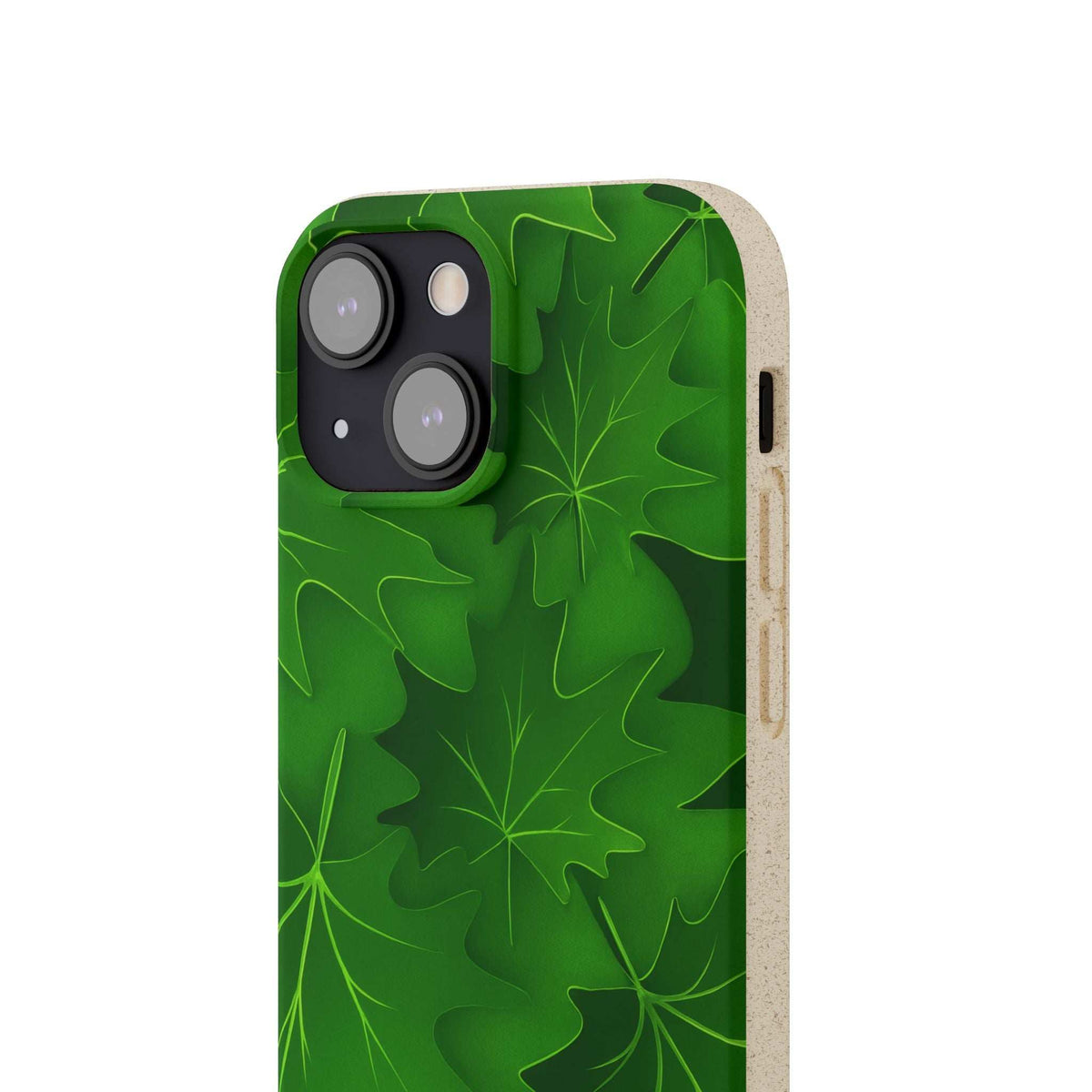 Green leaf-pattern phone case with triple camera cutout and beige bumper side