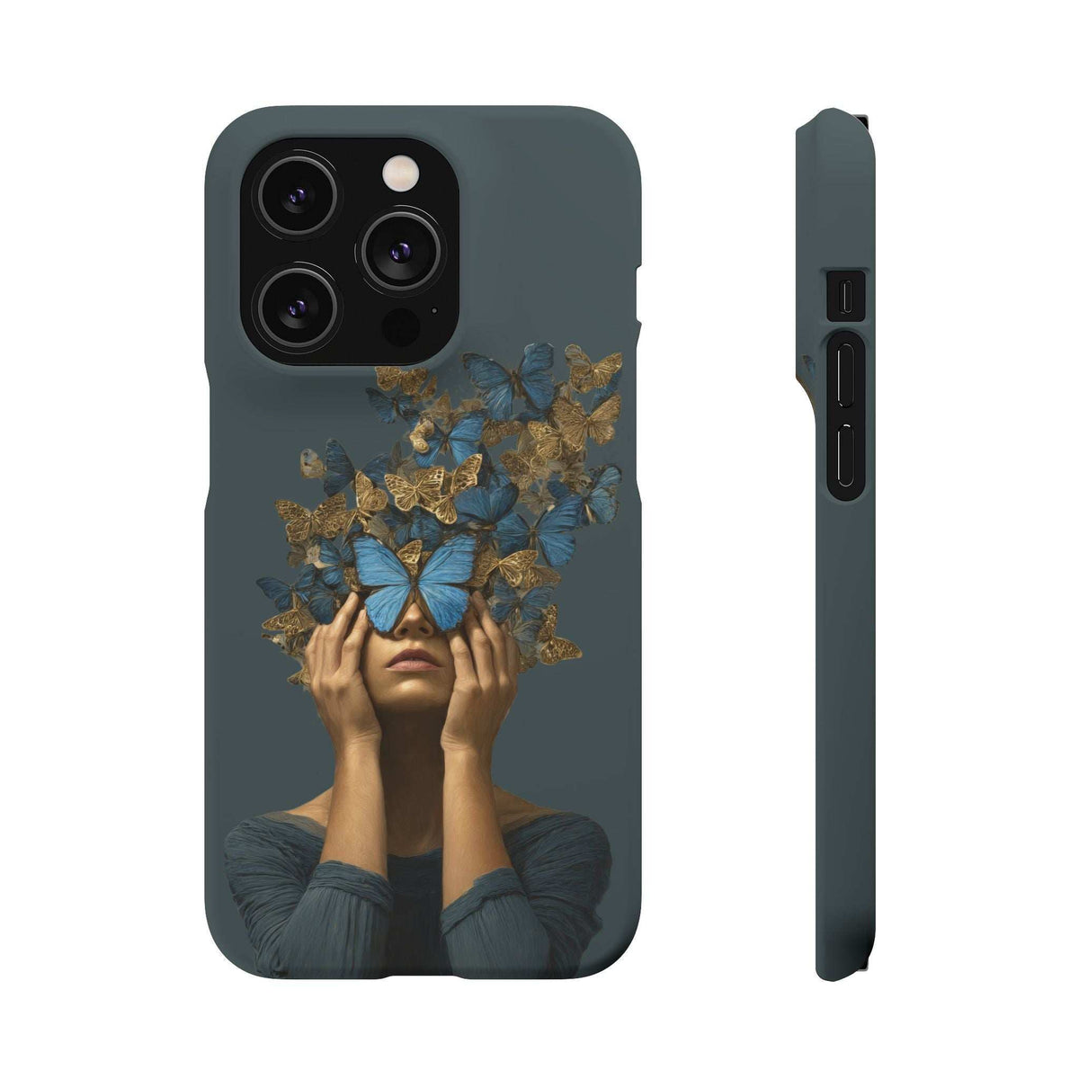 Dark gray phone case with butterfly portrait artwork; camera cutouts and side edge controls.