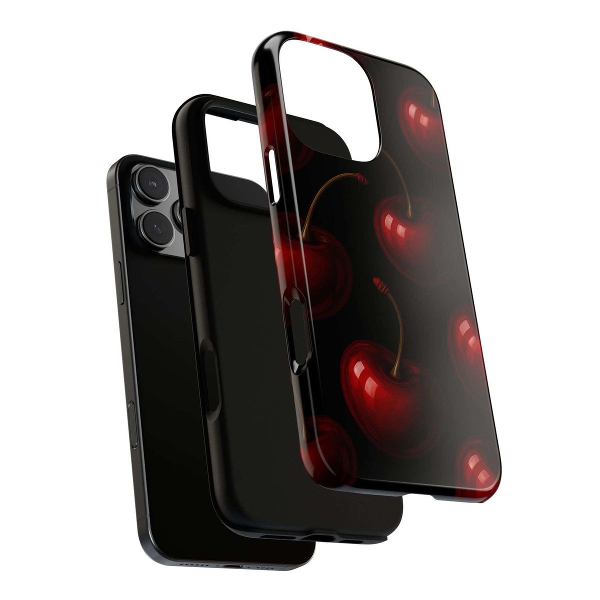 Glossy cherry phone case, black with red cherries, open port and camera cutouts