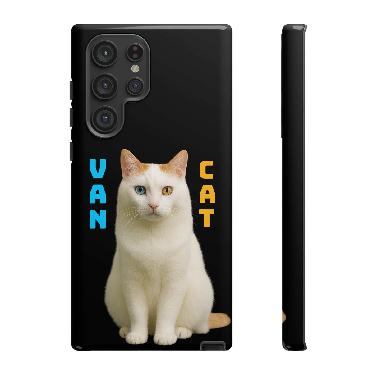 Glossy black phone case with white cat graphic and VAN CAT lettering, raised camera module