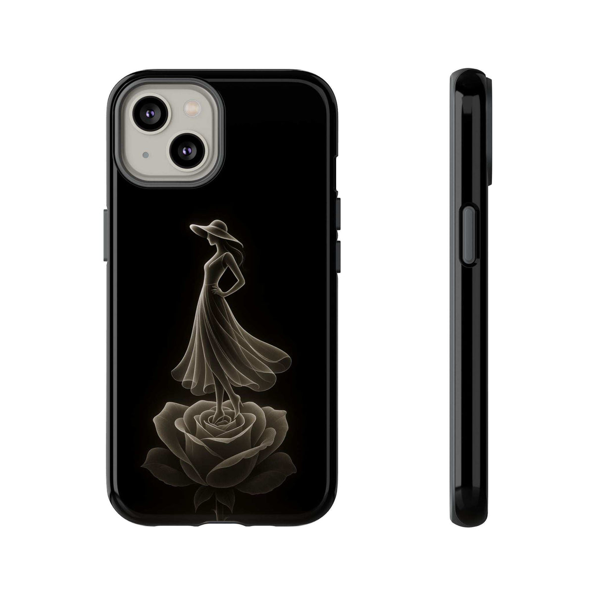 Black glossy phone case with gold ballerina and rose graphic; clear port openings