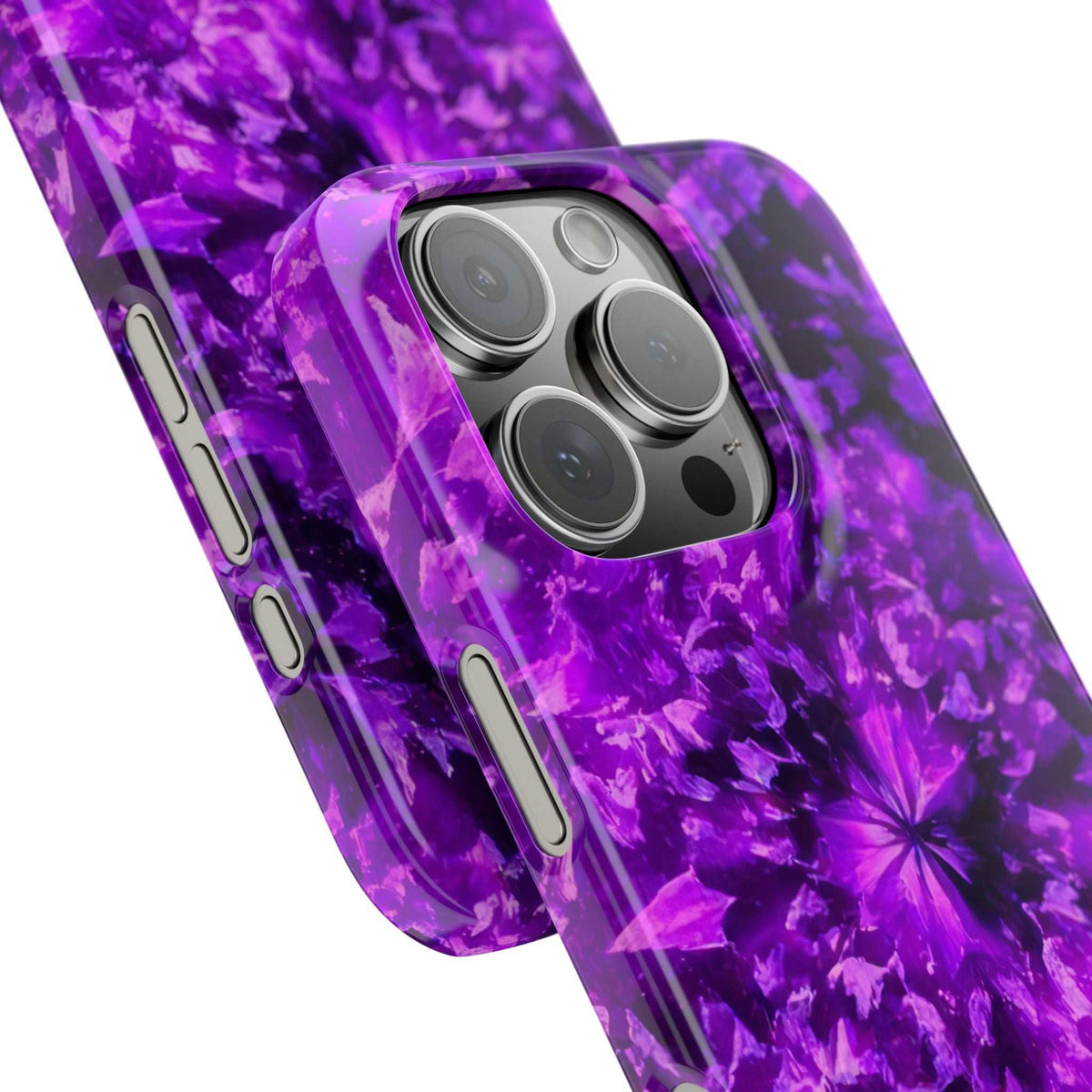 Purple kaleidoscope phone case with four-lens camera opening and slim side grips