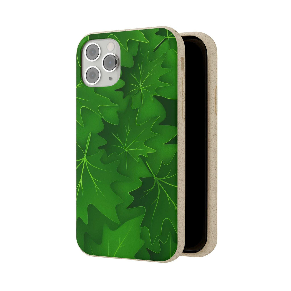 Green leaf phone case shown with beige inner frame and camera cutout on back