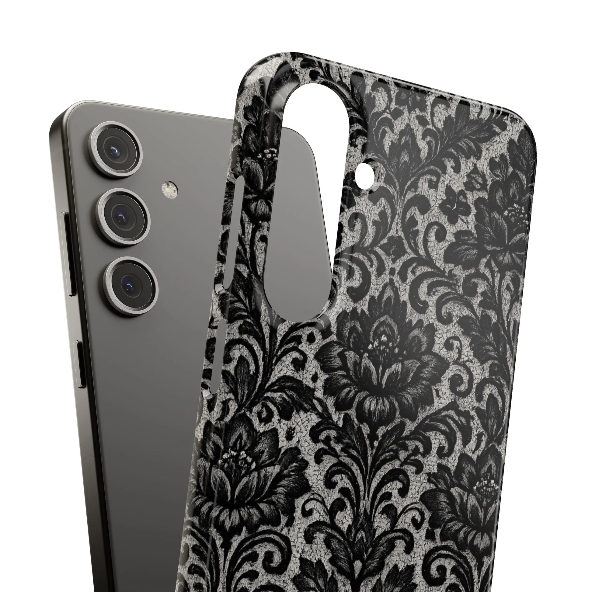 Black Damask Floral Phone Case for iPhone 11-17 and Galaxy S20-S25 - KARARMDESIGN