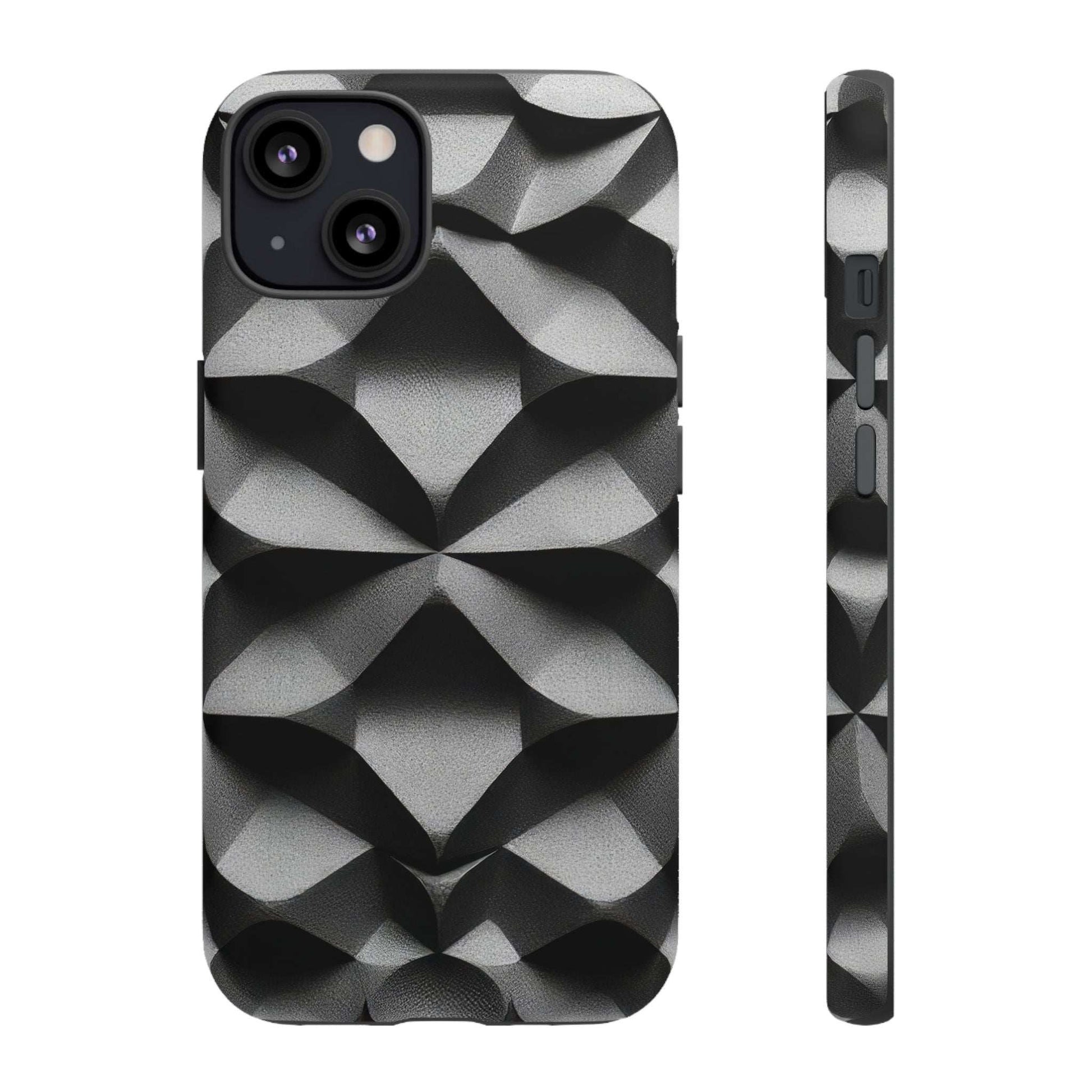 Black phone case with geometric diamond pattern, camera cutouts and side button openings