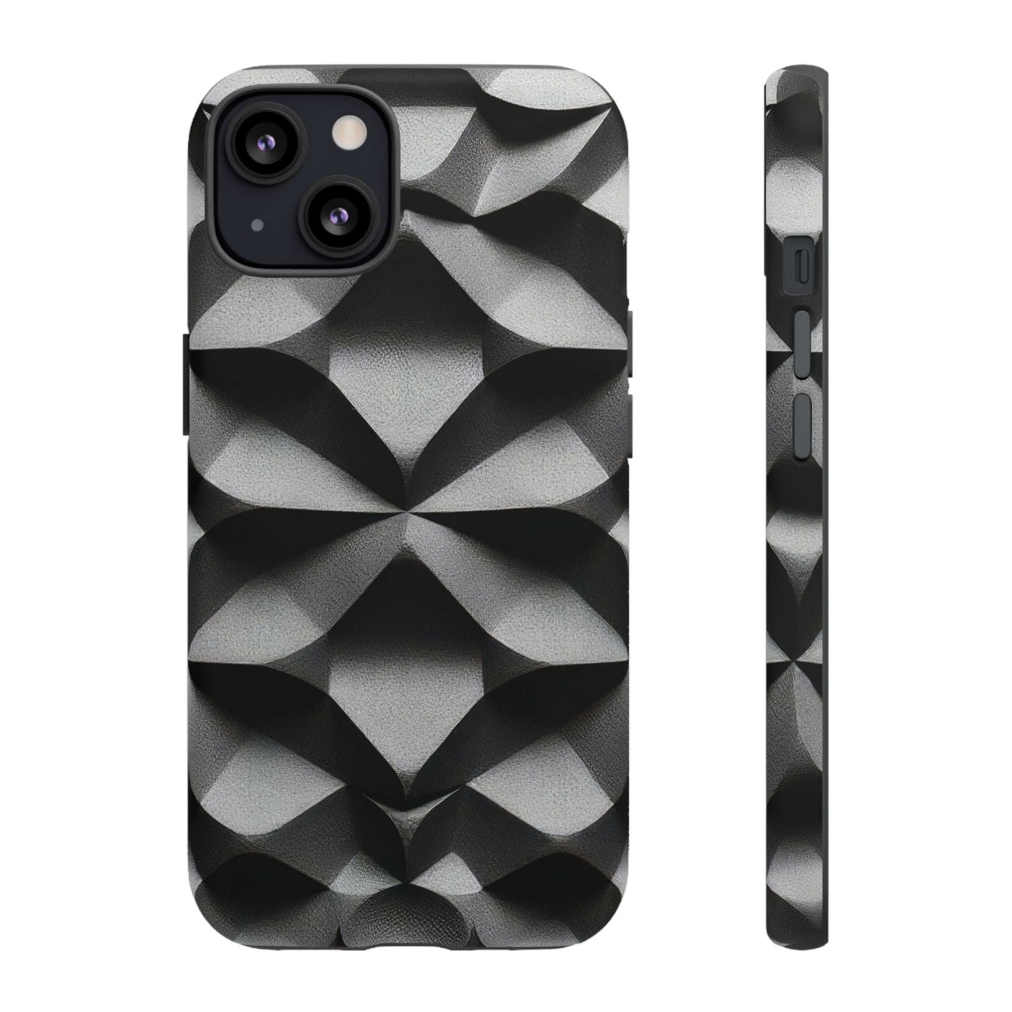 Black phone case with geometric diamond pattern, camera cutouts and side button openings