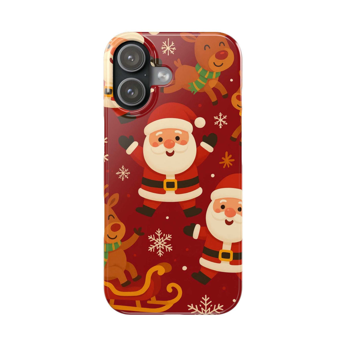 Santa and gingerbread pattern phone case for iPhone, red with camera cutouts